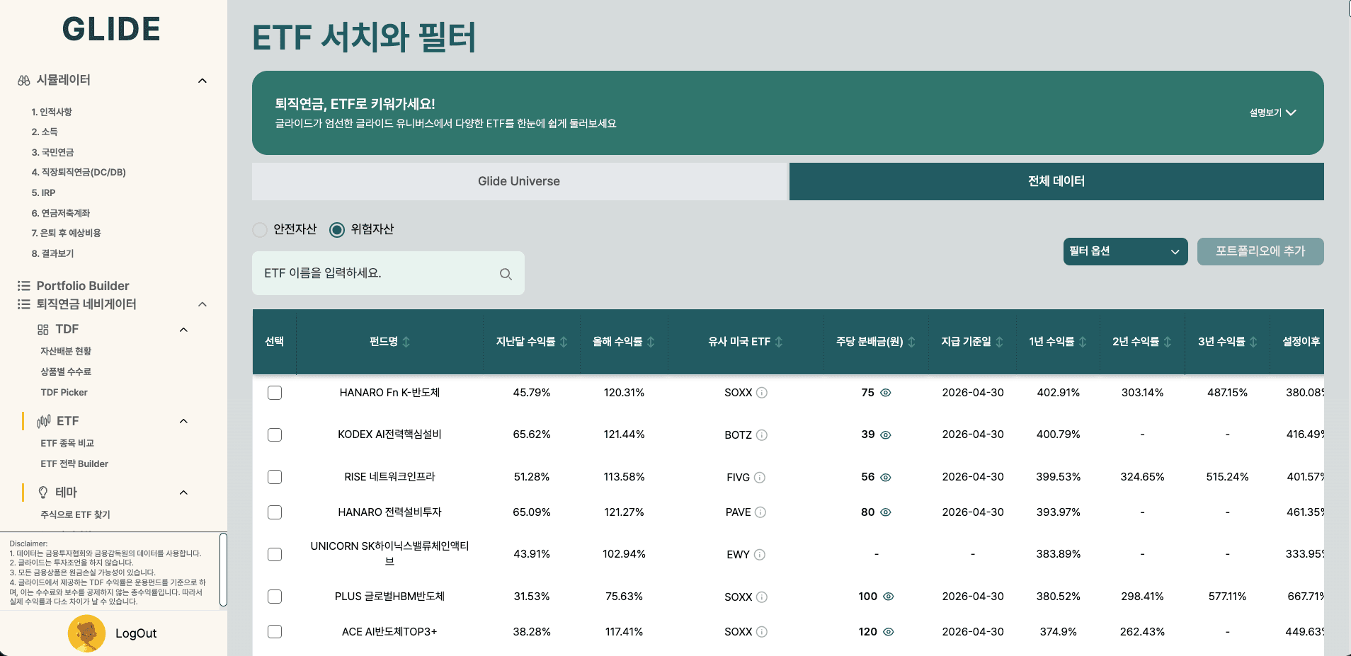 ETF 상세정보 필터 화면